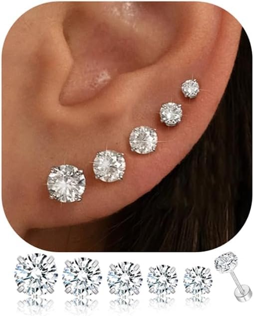 5 Pairs 14K Gold Plated Stud Earrings for Women, Hypoallergenic Earring Sets for Multiple Piercing, Premium Cubic Zirconia Studs Earrings for Women