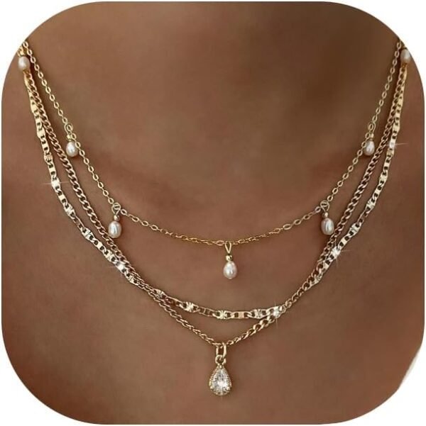 Layered Gold Necklaces for Women Trendy, 3 Pcs 14K Gold Plated Choker Paperclip Box Chain Necklace, Stackable Women's Gold Pendant Necklaces Jewelry Set