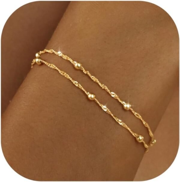 Silver Gold Bracelets for Women Trendy 14K Gold Plated Bracelet for Women Non Tarnish Dainty Stackable Layered Chain Heart Pearl Knot Beaded Bracelets Stack Set Charm Mothers Day Jewelry Gifts