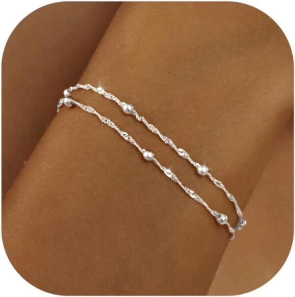 Silver Gold Bracelets for Women Trendy 14K Gold Plated Bracelet for Women Non Tarnish Dainty Stackable Layered Chain Heart Pearl Knot Beaded Bracelets Stack Set Charm Mothers Day Jewelry Gifts