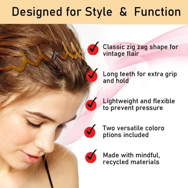 Zig Zag Headbands, Recycled Plastic Wavy Hair Band with Teeth, Headbands for Women and Men, Classic 90s Hair Accessories, (1 Black Color+1 Brown)