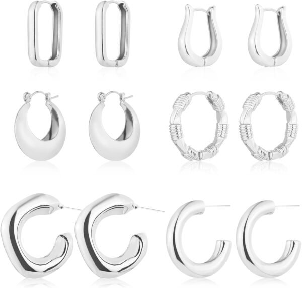 6 Pairs 14K Gold Plated Hoop Earrings for Women Lightweight Chunky Hoop Earrings Multipack Hypoallergenic, Thick Open Twisted Huggie Hoops Earring Set Jewelry for Gifts.
