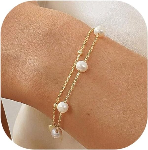 Silver Gold Bracelets for Women Trendy 14K Gold Plated Bracelet for Women Non Tarnish Dainty Stackable Layered Chain Heart Pearl Knot Beaded Bracelets Stack Set Charm Mothers Day Jewelry Gifts