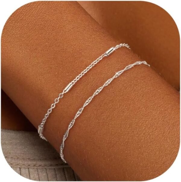 Silver Gold Bracelets for Women Trendy 14K Gold Plated Bracelet for Women Non Tarnish Dainty Stackable Layered Chain Heart Pearl Knot Beaded Bracelets Stack Set Charm Mothers Day Jewelry Gifts