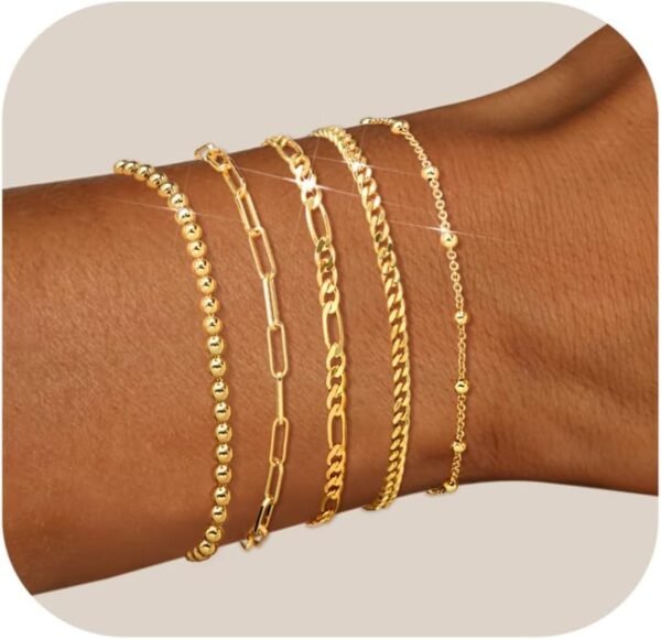 Gold Bracelets for Women, 14K Gold Plated Stackable Bracelet Stack Set Adjustable Charm Paperclip Chain Cuban Link Layered Waterproof Jewelry Sets Gifts for Womens 6.0/6.8/7.2"