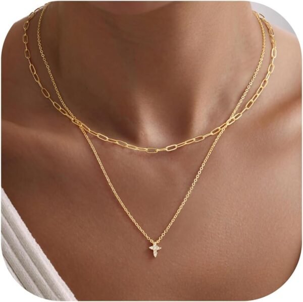 Gold Cross Necklace for Women - Dainty 14K Gold Plated Cross Necklace Layered Beaded Infinity CZ Holy Mary Medal Pendant Necklaces for Women Trendy Faith Jewelry First Communion Gifts
