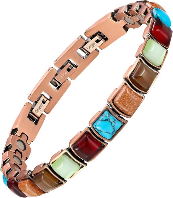 Pure Copper Bracelets for Women, Ultra Strength Magnetic Bracelet with 3800 Gauss Magnets & Natural Turquoise & Stones, Adjustable, Jewelry Gift