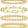 Gold Bracelets for Women Waterproof, 14K Gold Plated Beaded Strand Bead Ball Bracelets stack Adjustable Jewelry Set for Gifts