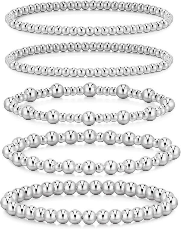 Gold Bracelets for Women Waterproof, 14K Gold Plated Beaded Strand Bead Ball Bracelets stack Adjustable Jewelry Set for Gifts