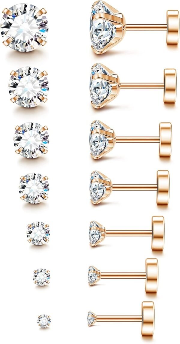 20G Hypoallergenic Flat Back Earrings for Women Men Silver 14K Gold Stainless Steel Stud Earrings Brithstone Cubic Zirconia Studs Surgical Steel Cartilage Earrings for Sensitive Ears