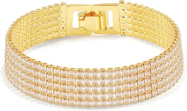 14K Gold Plated Women’s Tennis Bracelet – Sleek CZ Line Bracelet, Fits 6.0"–7.2" Wrist – Sparkly Everyday Jewelry Gift, Contemporary Tennis Bracelets for Women