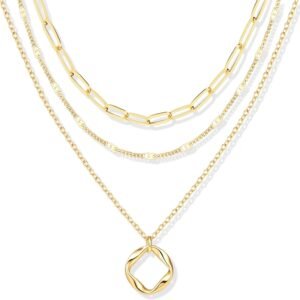 Layered Gold Necklaces for Women,Stackable Dainty 14K Gold Silver Plated Trendy Circle Paperclip Chain Pendant Choker Necklace,Simpl Diamond Cross Bow Jewelry Set Gifts for Women