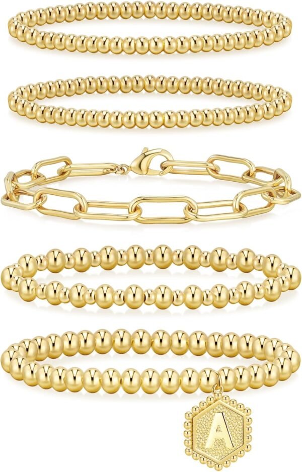 Gold Bracelets for Women Waterproof, 14K Gold Plated Beaded Strand Bead Ball Bracelets stack Adjustable Jewelry Set for Gifts