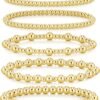 Gold Bracelets for Women Waterproof, 14K Gold Plated Beaded Strand Bead Ball Bracelets stack Adjustable Jewelry Set for Gifts