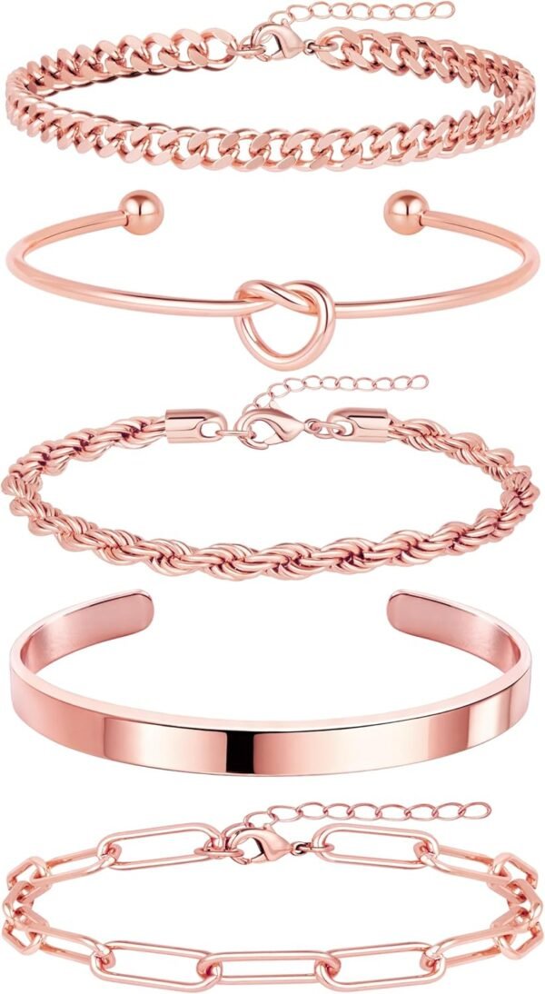 71CiXNouNPL._AC_SL1500 Gold Bracelets for Women Non Tarnish, 14K Gold Plated Chunky Cuff Bracelet Gold Bangles Bracelet for Women Trendy Tie Knot Cuban Rope Paperclip Beaded Bracelet Stack Jewelry Gifts