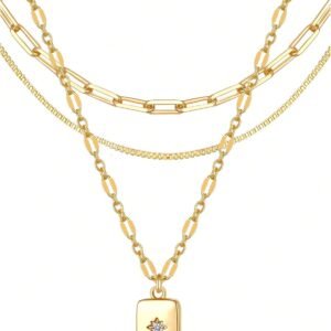Layered Gold Necklaces for Women Trendy, 3 Pcs 14K Gold Plated Choker Paperclip Box Chain Necklace, Stackable Women's Gold Pendant Necklaces Jewelry Set