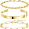 71FrXRcIf1L._AC_SL1500 Gold Bracelets for Women Non Tarnish, 14K Gold Plated Chunky Cuff Bracelet Gold Bangles Bracelet for Women Trendy Tie Knot Cuban Rope Paperclip Beaded Bracelet Stack Jewelry Gifts