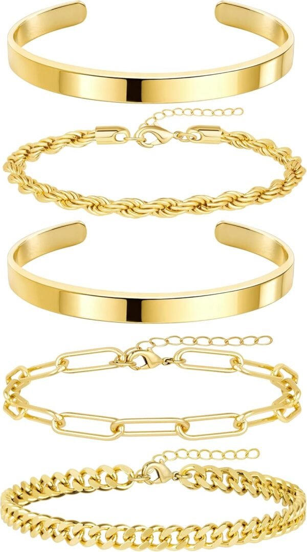 71FrXRcIf1L._AC_SL1500 Gold Bracelets for Women Non Tarnish, 14K Gold Plated Chunky Cuff Bracelet Gold Bangles Bracelet for Women Trendy Tie Knot Cuban Rope Paperclip Beaded Bracelet Stack Jewelry Gifts