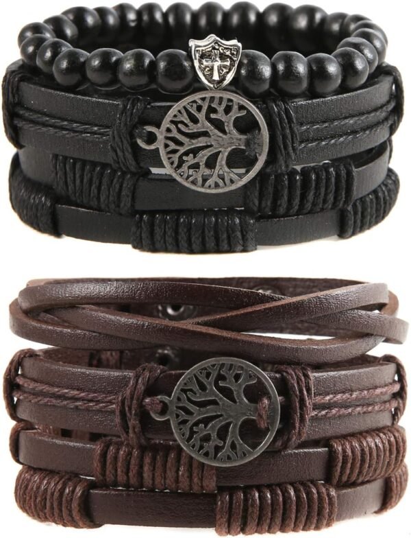 Genuine Leather Tree of life Bracelets Men Women, Tiger Eye Natural Stone Lava Rock Beads Ethnic Tribal Elastic Bracelets Wristbands
