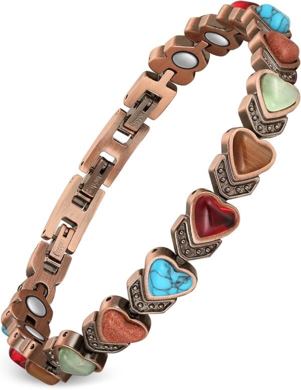 Pure Copper Bracelets for Women, Ultra Strength Magnetic Bracelet with 3800 Gauss Magnets & Natural Turquoise & Stones, Adjustable, Jewelry Gift