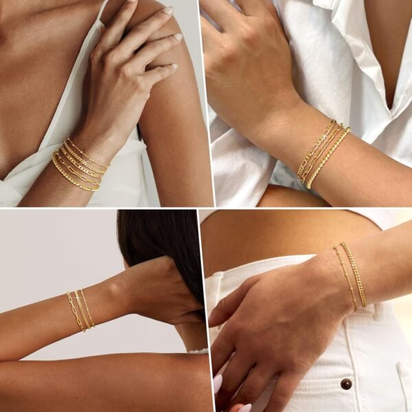 Gold Bracelets for Women, 14K Gold Plated Stackable Bracelet Stack Set Adjustable Charm Paperclip Chain Cuban Link Layered Waterproof Jewelry Sets Gifts for Womens 6.0/6.8/7.2"
