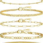 Gold Bracelets for Women, 14K Gold Plated Stackable Bracelet Stack Set Adjustable Charm Paperclip Chain Cuban Link Layered Waterproof Jewelry Sets Gifts for Womens 6.0/6.8/7.2"