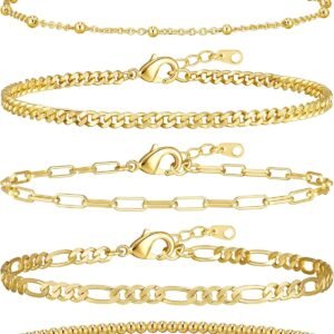 Gold Bracelets for Women, 14K Gold Plated Stackable Bracelet Stack Set Adjustable Charm Paperclip Chain Cuban Link Layered Waterproof Jewelry Sets Gifts for Womens 6.0/6.8/7.2"