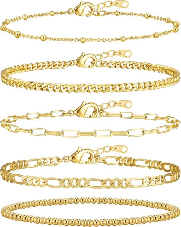 Gold Bracelets for Women, 14K Gold Plated Stackable Bracelet Stack Set Adjustable Charm Paperclip Chain Cuban Link Layered Waterproof Jewelry Sets Gifts for Womens 6.0/6.8/7.2"
