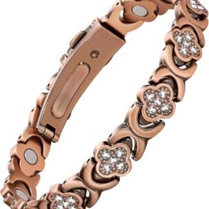 Pure Copper Bracelets for Women, Ultra Strength Magnetic Therapy Bracelet for Pain Relief with Neodymium Magnets & Sparkling Cubic Zirconia, Adjustable, Infinite Clover Jewelry