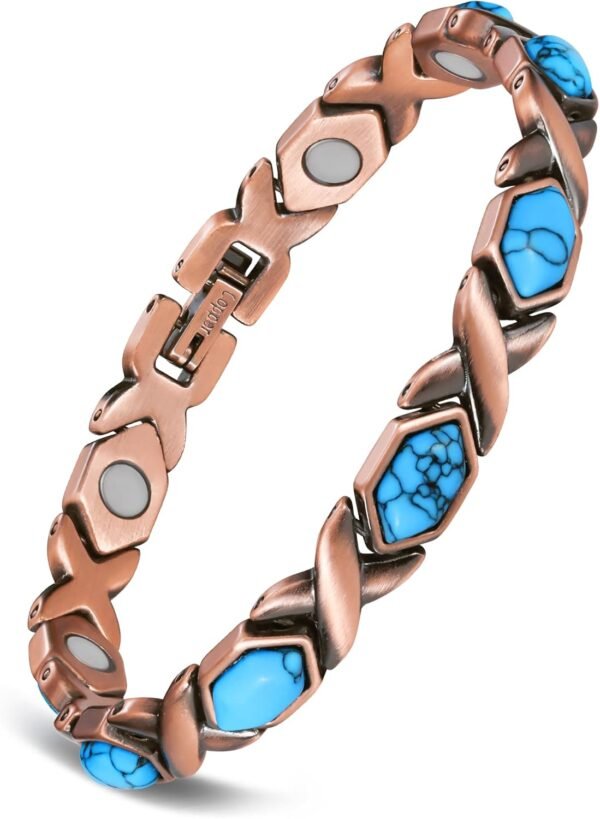 Pure Copper Bracelets for Women, Ultra Strength Magnetic Bracelet with 3800 Gauss Magnets & Natural Turquoise & Stones, Adjustable, Jewelry Gift