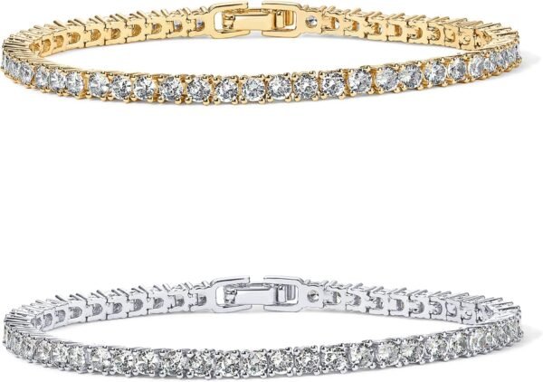 14K Gold Plated 3mm Cubic Zirconia Classic Tennis Bracelet | Gold Bracelets for Women | Size 6.5-7.5 Inch