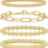 Gold Bracelets for Women Waterproof, 14K Gold Plated Beaded Strand Bead Ball Bracelets stack Adjustable Jewelry Set for Gifts