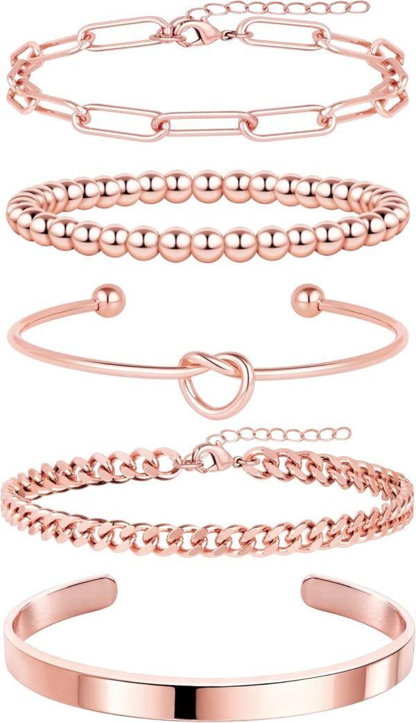 71TqpZfS9sL._AC_SL1500 Gold Bracelets for Women Non Tarnish, 14K Gold Plated Chunky Cuff Bracelet Gold Bangles Bracelet for Women Trendy Tie Knot Cuban Rope Paperclip Beaded Bracelet Stack Jewelry Gifts