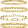 Gold Bracelets for Women Waterproof, 14K Gold Plated Beaded Strand Bead Ball Bracelets stack Adjustable Jewelry Set for Gifts