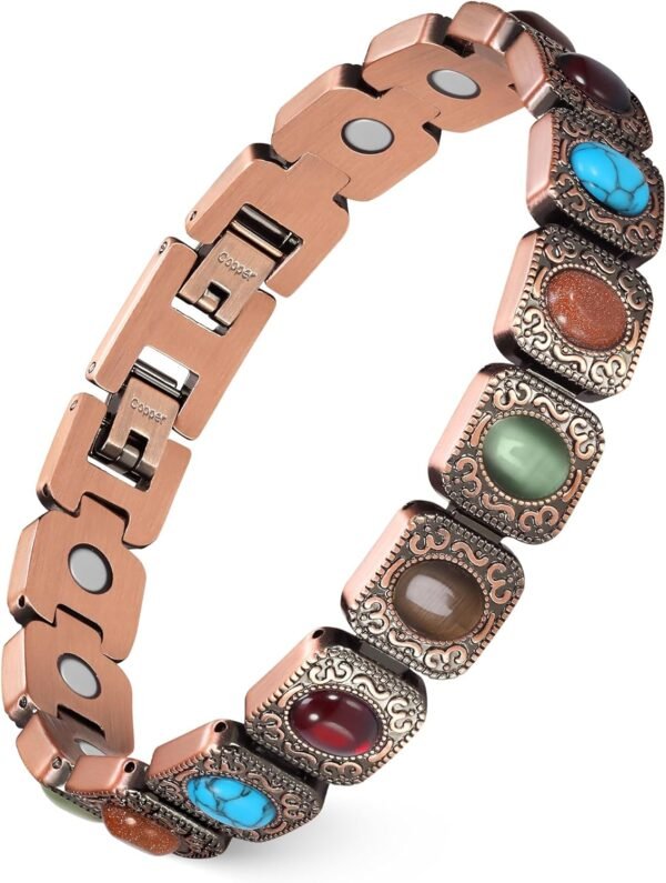Pure Copper Bracelets for Women, Ultra Strength Magnetic Bracelet with 3800 Gauss Magnets & Natural Turquoise & Stones, Adjustable, Jewelry Gift