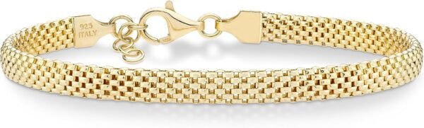 18K Gold Plated 925 Sterling Silver Italian 5mm Mesh Link Chain Bracelet for Women, Made in Italy