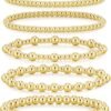 Gold Bracelets for Women Waterproof, 14K Gold Plated Beaded Strand Bead Ball Bracelets stack Adjustable Jewelry Set for Gifts