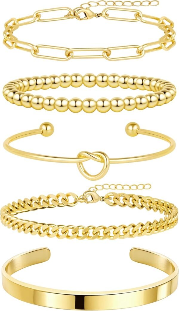 71YVN8M-egL._AC_SL1500 Gold Bracelets for Women Non Tarnish, 14K Gold Plated Chunky Cuff Bracelet Gold Bangles Bracelet for Women Trendy Tie Knot Cuban Rope Paperclip Beaded Bracelet Stack Jewelry Gifts