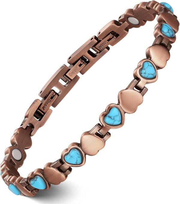 Pure Copper Bracelets for Women, Ultra Strength Magnetic Bracelet with 3800 Gauss Magnets & Natural Turquoise & Stones, Adjustable, Jewelry Gift