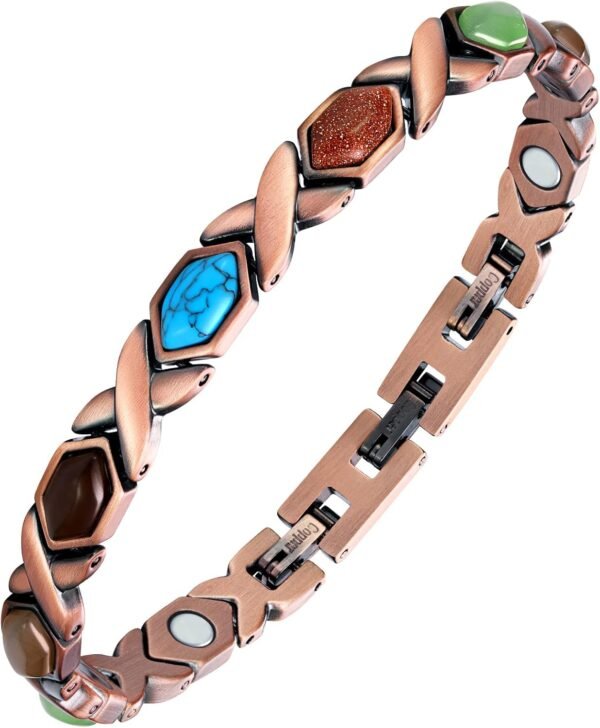 Pure Copper Bracelets for Women, Ultra Strength Magnetic Bracelet with 3800 Gauss Magnets & Natural Turquoise & Stones, Adjustable, Jewelry Gift