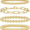 Gold Bracelets for Women Waterproof, 14K Gold Plated Beaded Strand Bead Ball Bracelets stack Adjustable Jewelry Set for Gifts