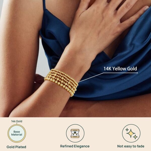 Gold Bracelets for Women Waterproof, 14K Gold Plated Beaded Strand Bead Ball Bracelets stack Adjustable Jewelry Set for Gifts