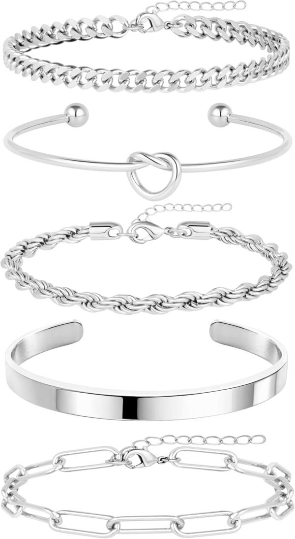 71gQ-mzG19L._AC_SL1500 Gold Bracelets for Women Non Tarnish, 14K Gold Plated Chunky Cuff Bracelet Gold Bangles Bracelet for Women Trendy Tie Knot Cuban Rope Paperclip Beaded Bracelet Stack Jewelry Gifts