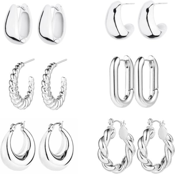 6 Pairs 14K Gold Plated Hoop Earrings for Women Lightweight Chunky Hoop Earrings Multipack Hypoallergenic, Thick Open Twisted Huggie Hoops Earring Set Jewelry for Gifts.