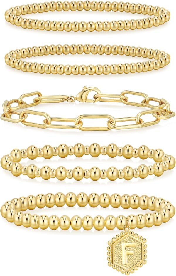 Gold Bracelets for Women Waterproof, 14K Gold Plated Beaded Strand Bead Ball Bracelets stack Adjustable Jewelry Set for Gifts