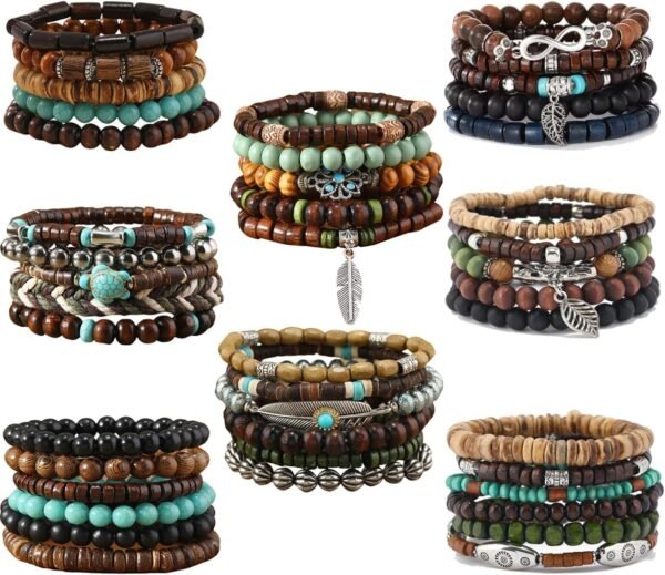 43Pcs Punk Wooden Beads Bracelets Gothic Bracelet for Men Adjustable Vintage Beaded Bracelet Metal Set Wood Bangles Wristbands Commemorative Gift