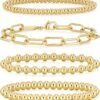 Gold Bracelets for Women Waterproof, 14K Gold Plated Beaded Strand Bead Ball Bracelets stack Adjustable Jewelry Set for Gifts