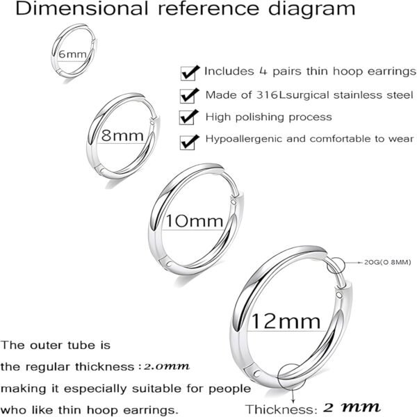 316L Surgical Stainless Steel Huggie Hoop Earrings 6mm 8mm 10mm 11mm 12mm 14mm Hypoallergenic Earrings Hoop Cartilage Helix Lobes Hinged Sleeper Earrings For Men Women