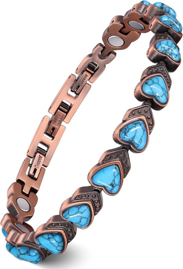 Pure Copper Bracelets for Women, Ultra Strength Magnetic Bracelet with 3800 Gauss Magnets & Natural Turquoise & Stones, Adjustable, Jewelry Gift