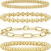 Gold Bracelets for Women Waterproof, 14K Gold Plated Beaded Strand Bead Ball Bracelets stack Adjustable Jewelry Set for Gifts
